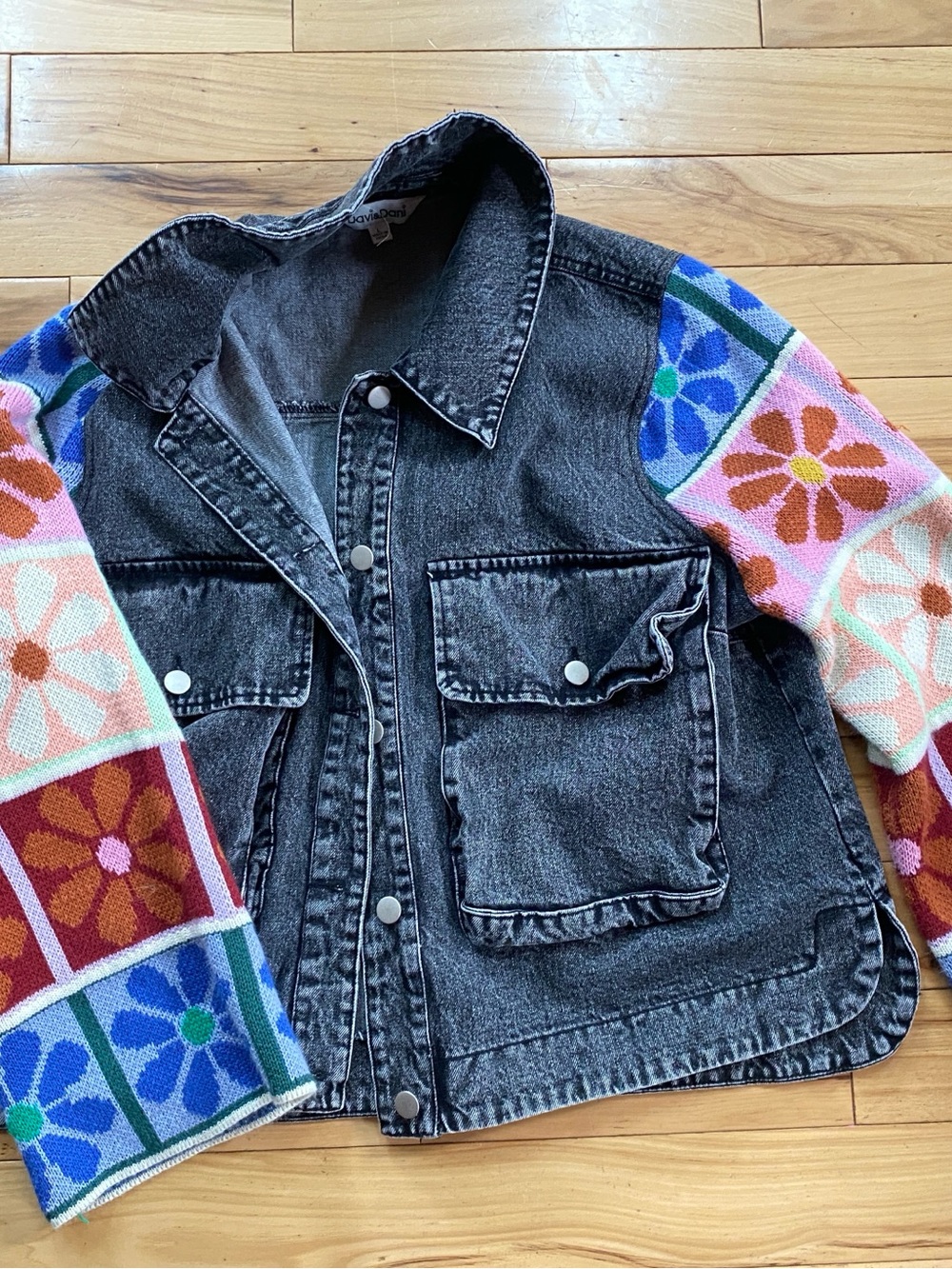 Davi & Dani Quilting Square Flower Arms Baggy Jean Jacket colorful